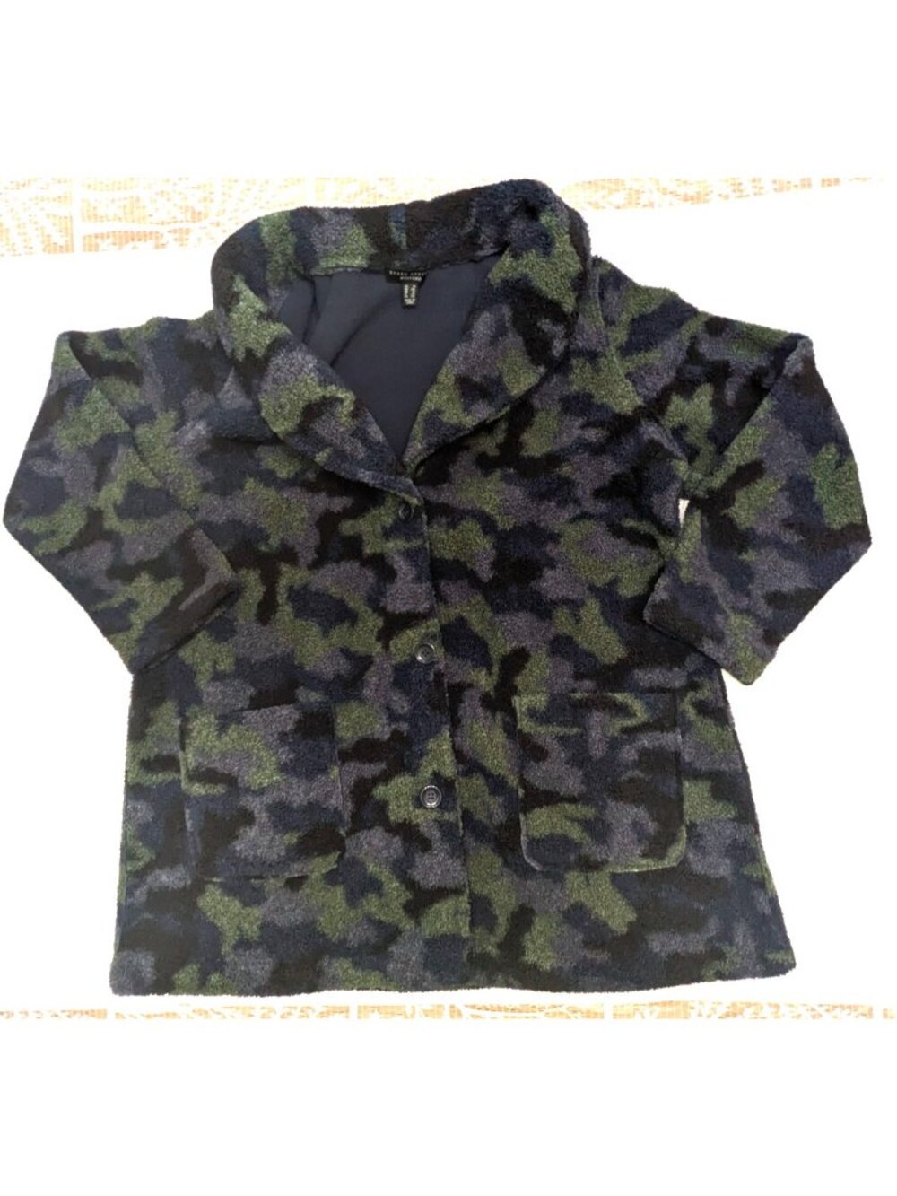 Susan Graver Weekend Womens Coat Sz 1X Reversible Green Camo Sherpa and Fleece